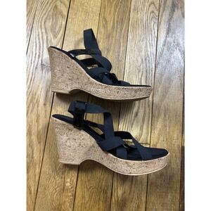 Wedge Sandals Platform Heels Ankle Strap Cork‎ Black Elastic Straps Size 10M